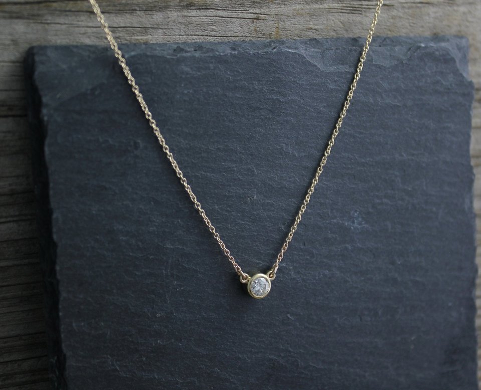 14k Yellow Gold Diamond Pendant Necklace, .29 Round Diamond, Bezel Set Diamond, Solitaire Necklace, Ready to Ship Neckwear