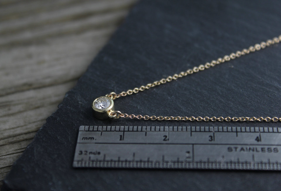 14k Yellow Gold Diamond Pendant Necklace, .29 Round Diamond, Bezel Set Diamond, Solitaire Necklace, Ready to Ship Neckwear