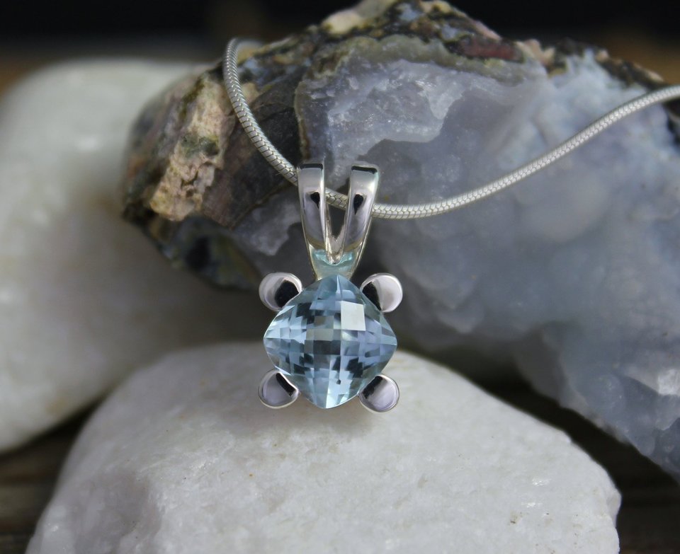 London Blue Topaz Pendant, Cushion Cut Blue Topaz Pendant, Sterling Silver Gemstone Pendant, Teddy Bear Pendant, Ready to Ship Neckwear