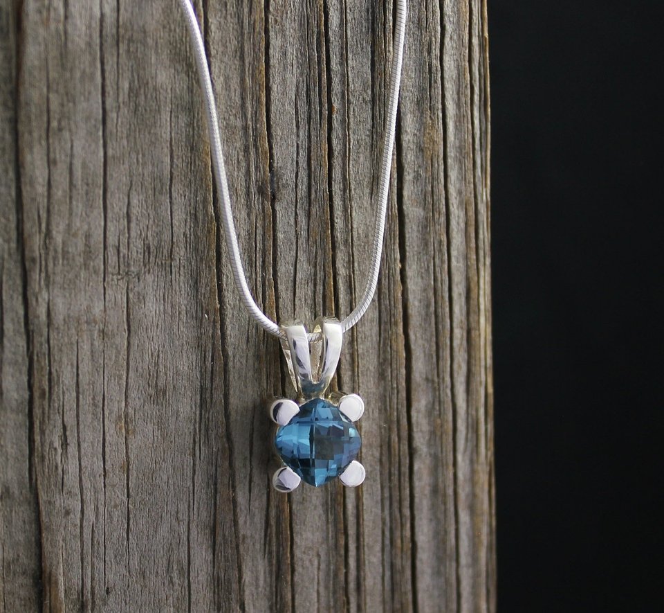 London Blue Topaz Pendant, Cushion Cut Blue Topaz Pendant, Sterling Silver Gemstone Pendant, Teddy Bear Pendant, Ready to Ship Neckwear