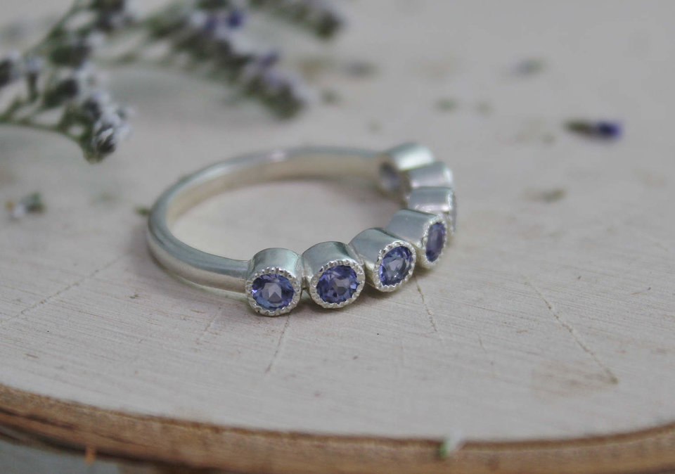 Seven Stone Tanzanite Ring, Sterling Silver Tanzanite Ring, Textured Bezel, Wedding Band, Ready to Ship Size 6.75