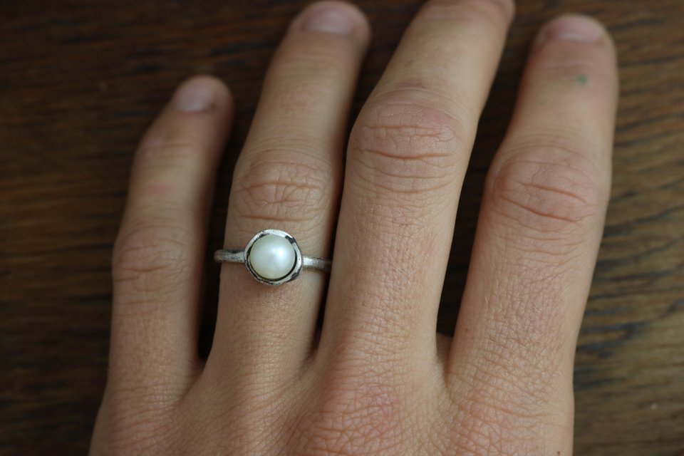 White Akoya Pearl Solitaire Ring, Sterling Silver Pearl Ring, Organic Free Form,
