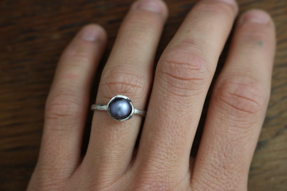 Gray Akoya Pearl Solitaire Ring, Sterling Silver Pearl Ring, Organic Free Form,