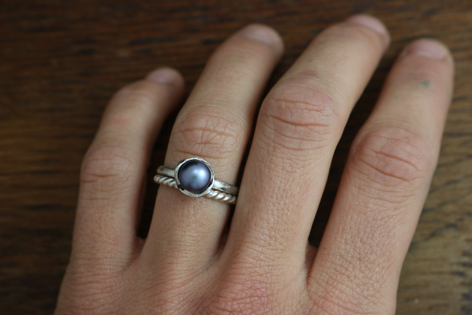 Gray Akoya Pearl Solitaire Ring, Sterling Silver Pearl Ring, Organic Free Form,