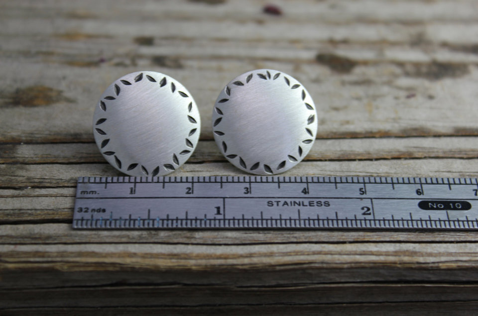 Sterling Silver Circle Earrings, Seed Pattern, One of a Kind Studs, Recycled Silver, Leaf Pattern, Brushed Silver, Ready to Ship Earrings