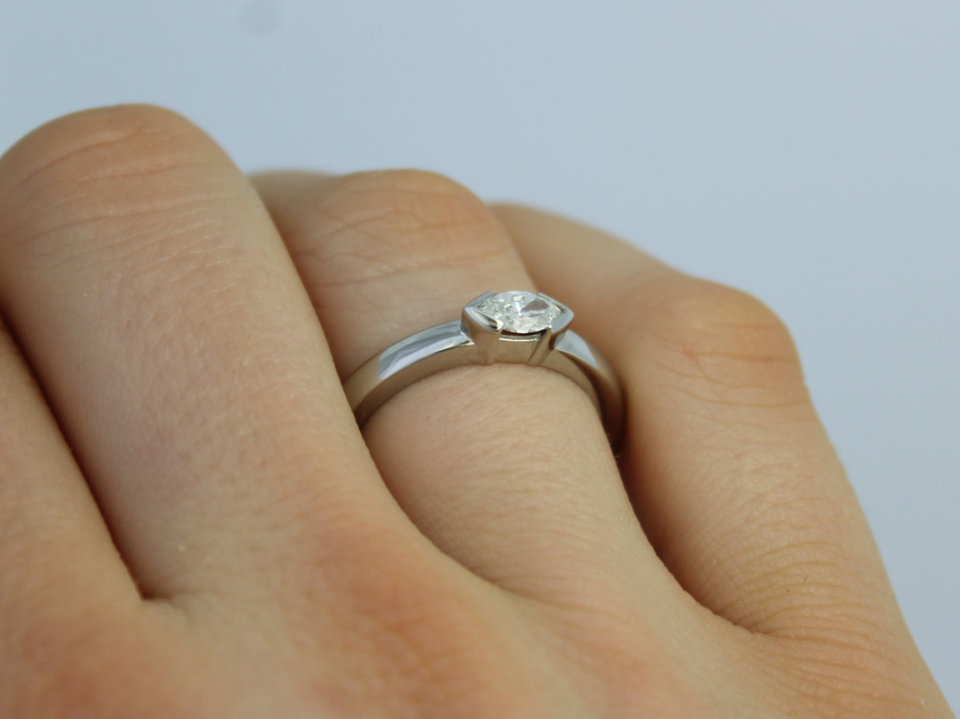 Diamond Marquise Ring in 14k White Gold, East to West Marquise, Half Bezel, Simple Engagement Ring, Made to order