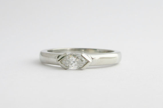 Diamond Marquise Ring in 14k White Gold, East to West Marquise, Half Bezel, Simple Engagement Ring, Made to order