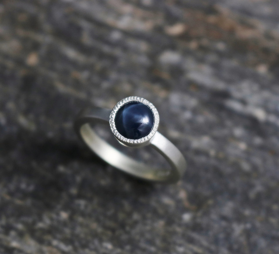 Star Sapphire Sterling Silver Ring, Blue Sapphire, Textured Bezel Ring, 6.5mm Round Gemstone,