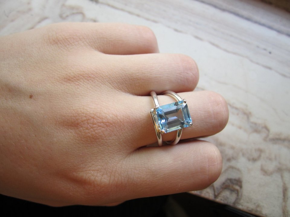 Sterling Silver  Sky Blue Topaz ring octagon Emerald cut 9mm x 11mm ring, solitaire ring, modern silver ring