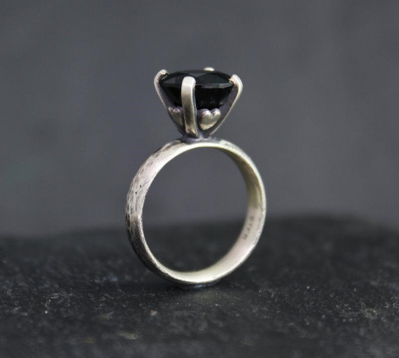 Silver Black Onyx 10mm Romance Ring, Heart Shape Prong Ring, Black stone, Oxidized Sterling Silver Ring, Black Onyx Solitaire, Ready to Ship