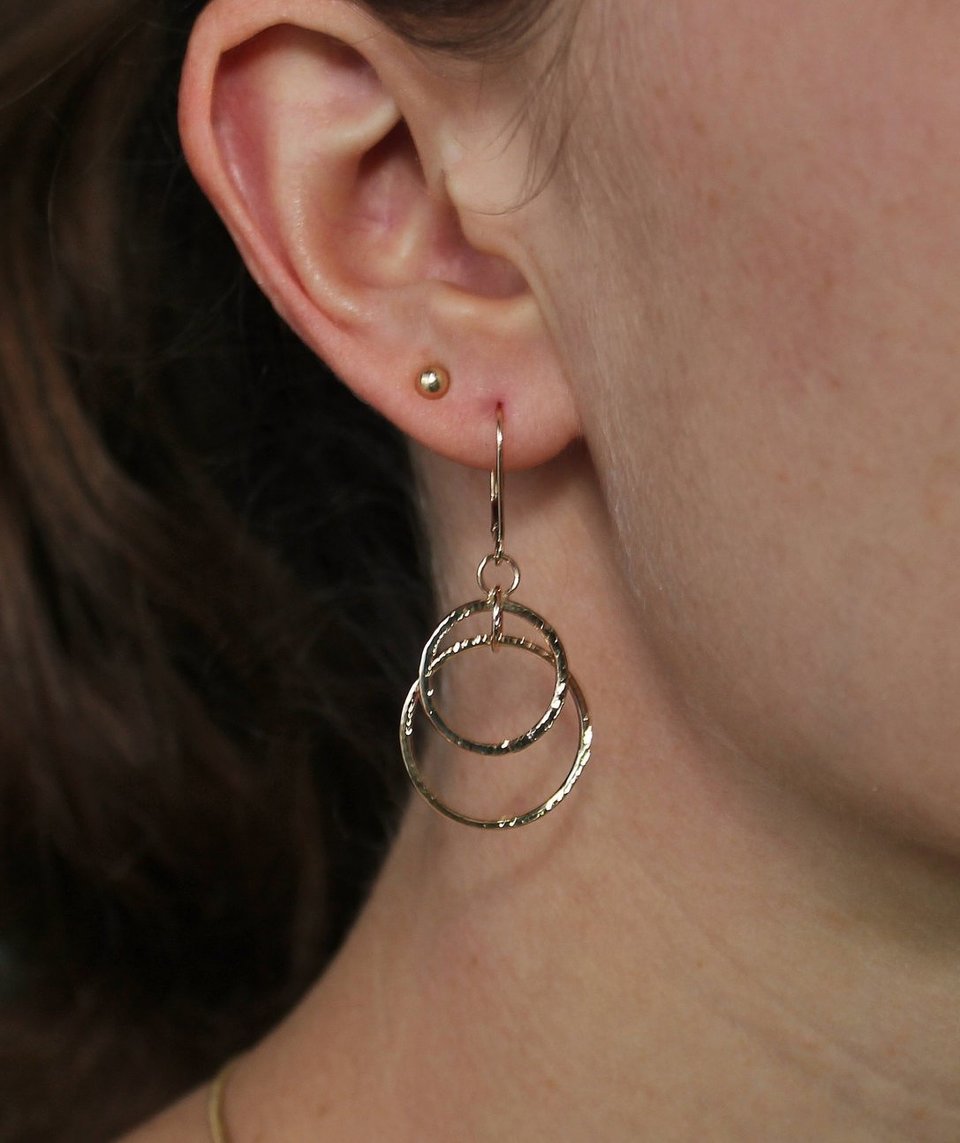 14k Yellow Gold  Hammered Hoop Dangle Earrings with Lever backs, Double Hoops, Solid Gold, Textured Earrings