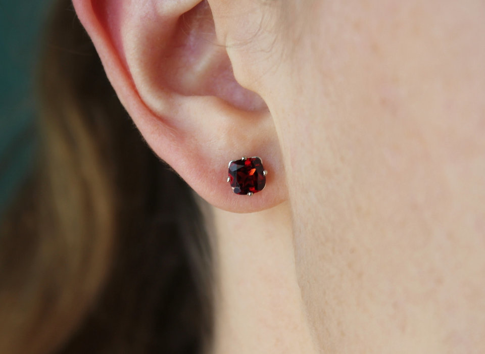 Garnet and 14k White Gold Stud Earrings - 6mm Cushion Cut Garnet Earrings - January Birthstone Earrings - Ready to Ship