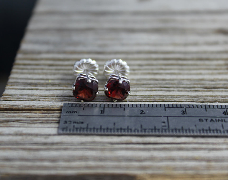 Garnet and 14k White Gold Stud Earrings - 6mm Cushion Cut Garnet Earrings - January Birthstone Earrings - Ready to Ship