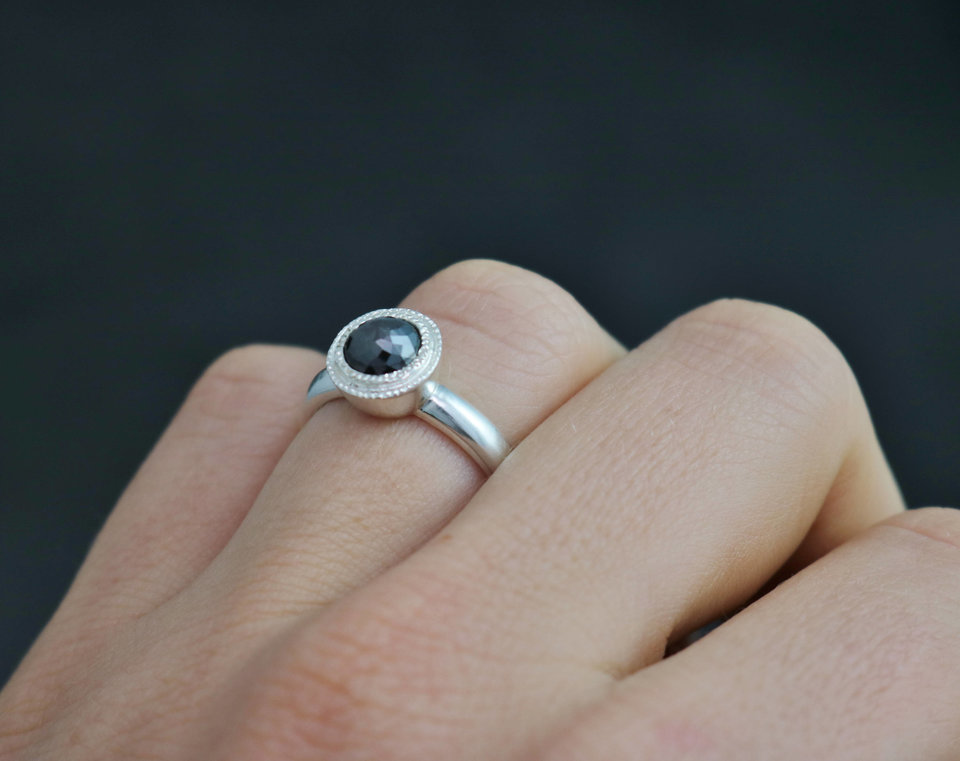 Rose Cut Black Diamond Ring in Sterling Silver, One of a Kind, Halo Bezel, Bezel Set, Milgrain, Recycled Silver, Made to order