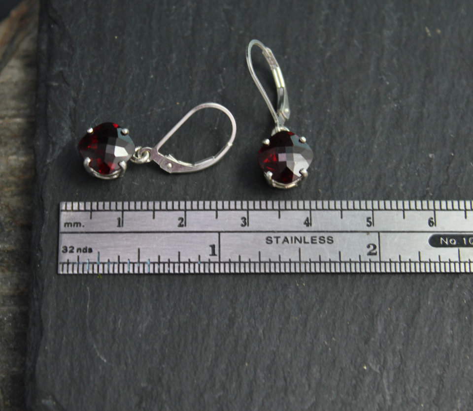 Cushion Cut Garnet Dangle Earrings, Sterling Silver Garnet Earrings, Leverback, 8mm Cushion Cut, January Birthstone, Ready to Ship Earrings