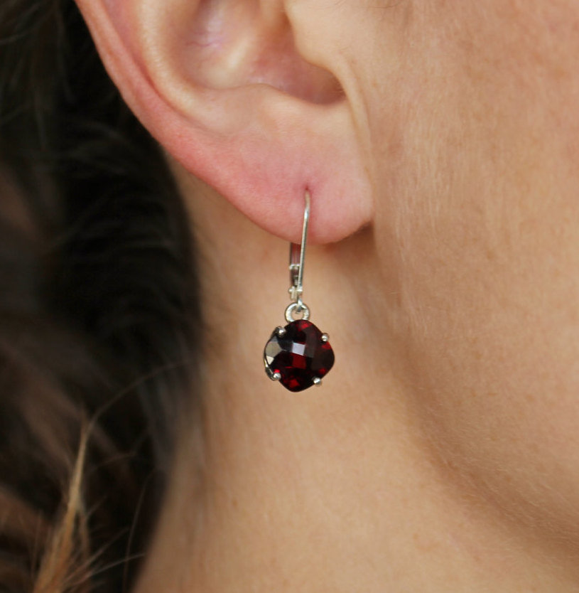 Cushion Cut Garnet Dangle Earrings, Sterling Silver Garnet Earrings, Leverback, 8mm Cushion Cut, January Birthstone, Ready to Ship Earrings