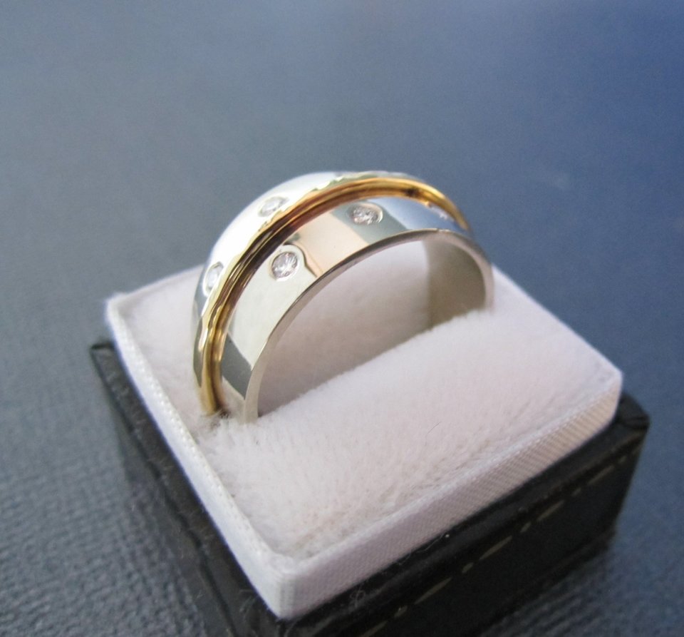 White gold diamond ring, two tone ring, celestial power ring, yellow gold accent