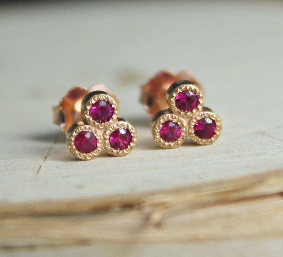 14k Rose Gold Ruby Three Stone Stud Earrings, Trio Stud Earrings, Ruby Studs, Tr