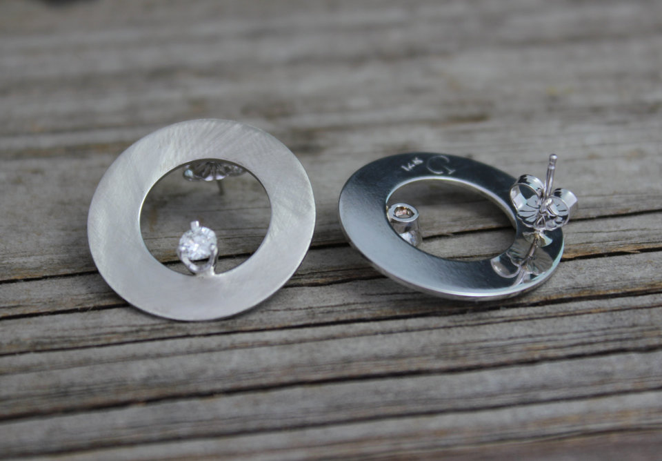 14k White Gold Diamond Earrings - Brushed Earrings - Drop Earrings - Circle Earrings - Ready to Ship