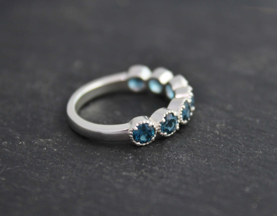 Seven Stone London Blue Topaz Ring, Sterling Silver, Textured Bezel Ring, Gemsto