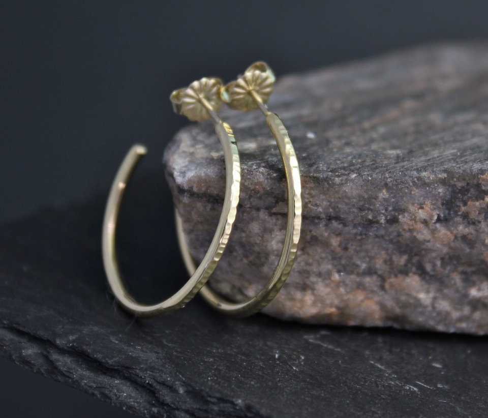 Hammered 14k Yellow Gold Hoop Earrings, Solid Gold Hoops, Hammered Gold Hoops, Minimalist Earrings, Medium Hoops, Ready to Ship Earrings