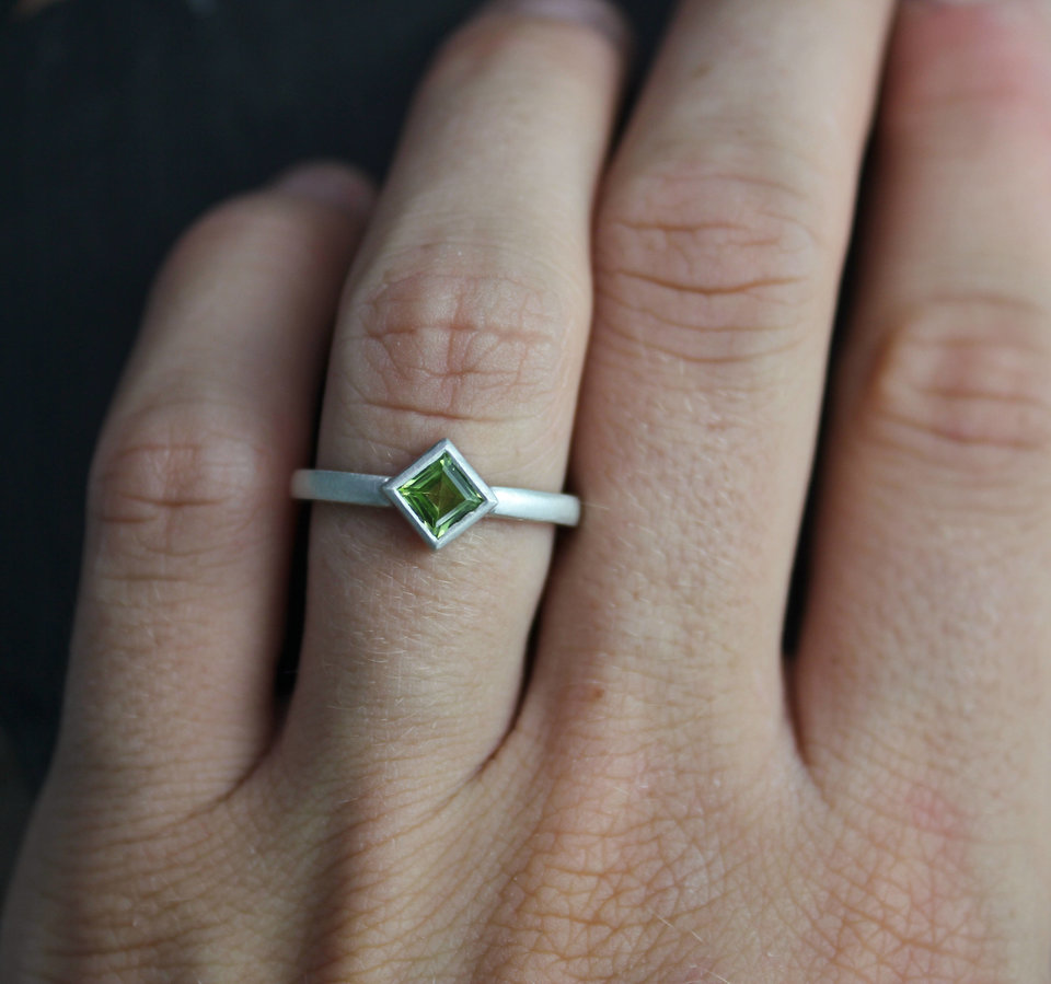 Princess Cut Peridot Ring in Sterling Silver, 4mm Peridot, Stacking Ring, August Birthstone Ring, Peridot Solitaire, Ready to Ship Size 6.75