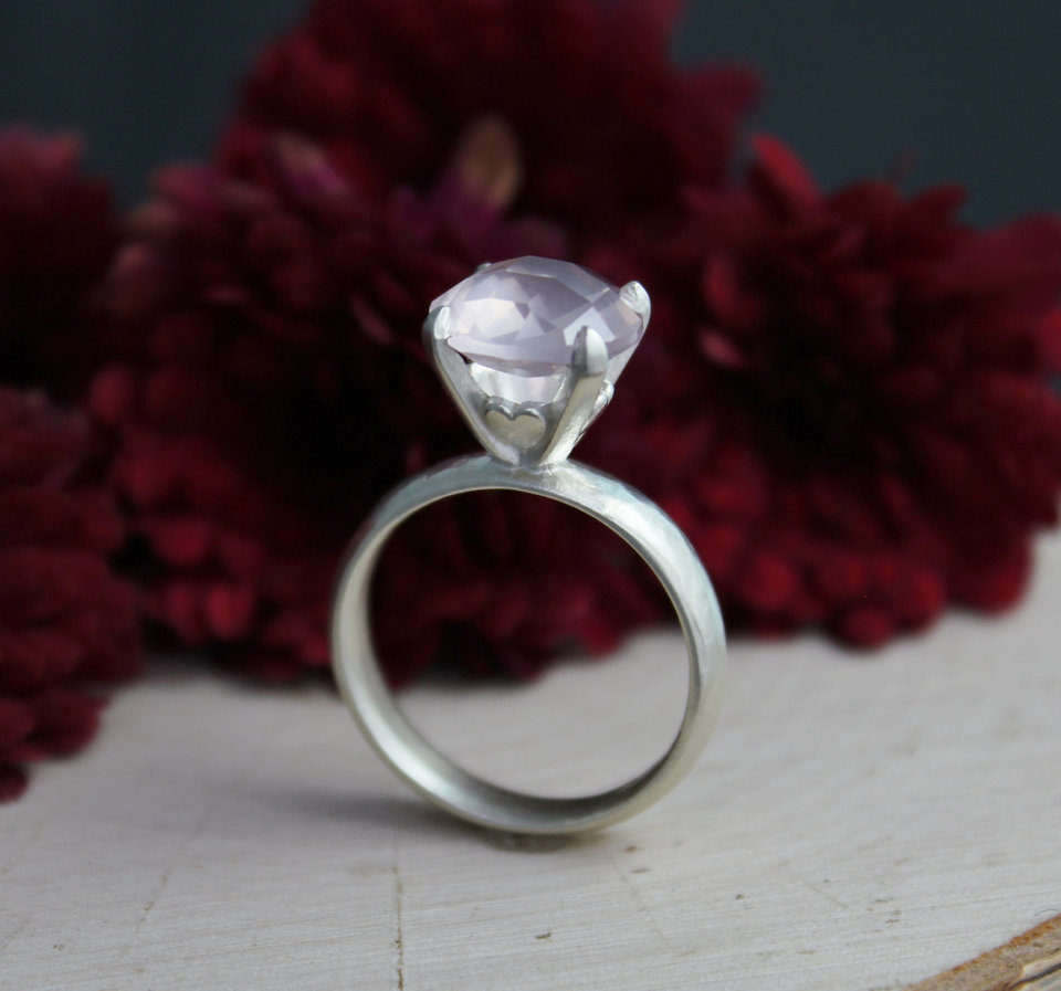 Rose Quartz Solitaire Ring in Sterling Silver, Heart Shape Prong, Claw Prong, Romantic, 10mm Gemstone, Pink Gemstone, Made to order