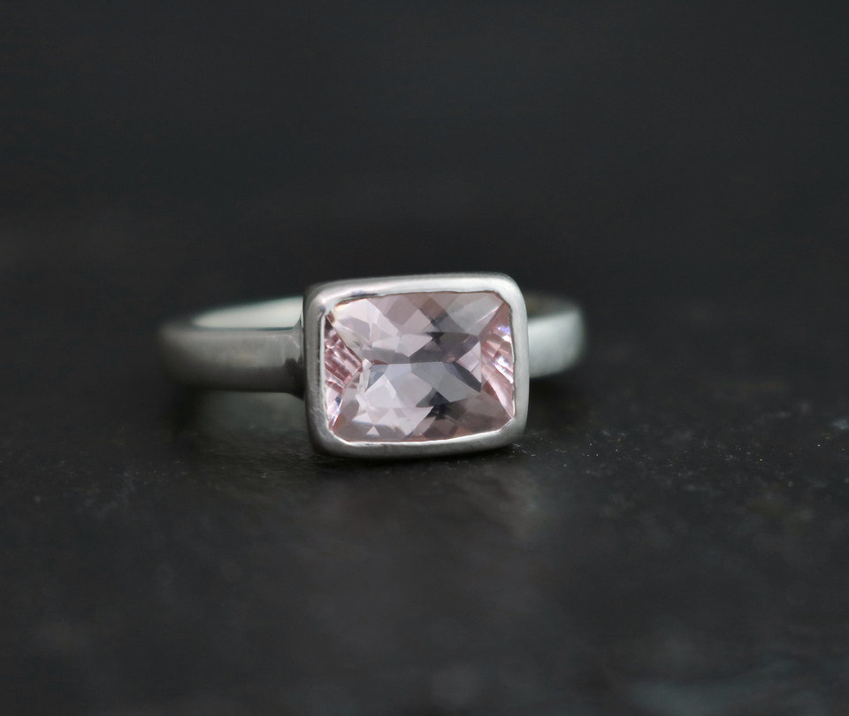 East to West Morganite Ring, Emerald Cut Morganite, Sterling Silver, Morganite Solitaire, Cocktail Ring,