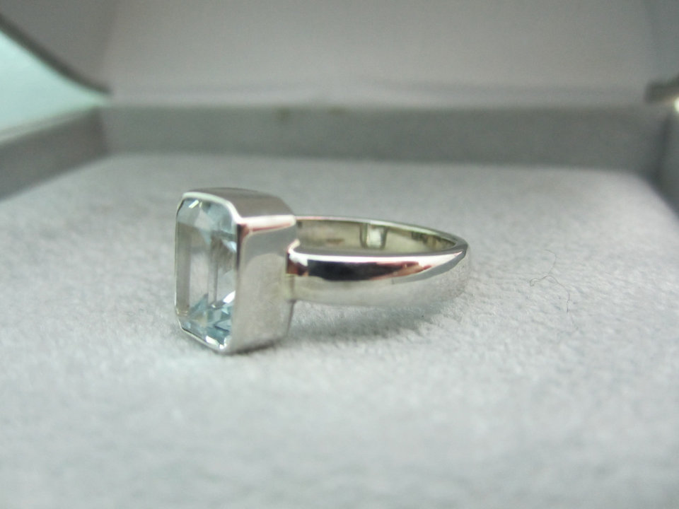 White gold 14kt aquamarine ring emerald cut alternative engagement ring