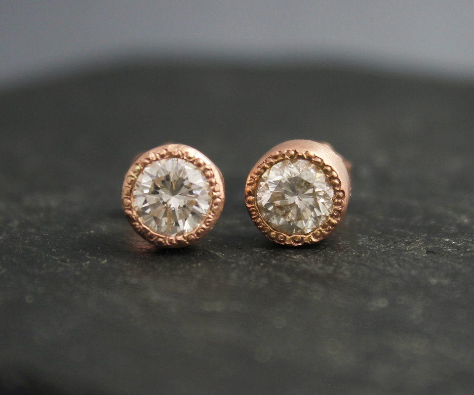 14k Rose Gold Moissanite Stud Earrings, Bezel Set Stud Earrings, Textured Bezel, Bridesmaid Earrings, Anniversary, Made to Order