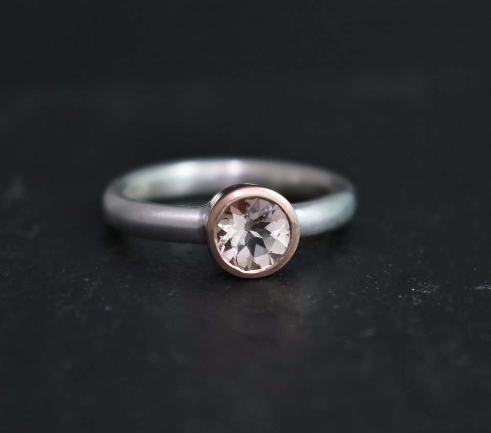 6mm Morganite 14k Rose Gold Ring, Sterling Silver and 14k Gold, Mixed Metals, Bezel Set, Pink Gemstone, Ready to Ship Size 6.75