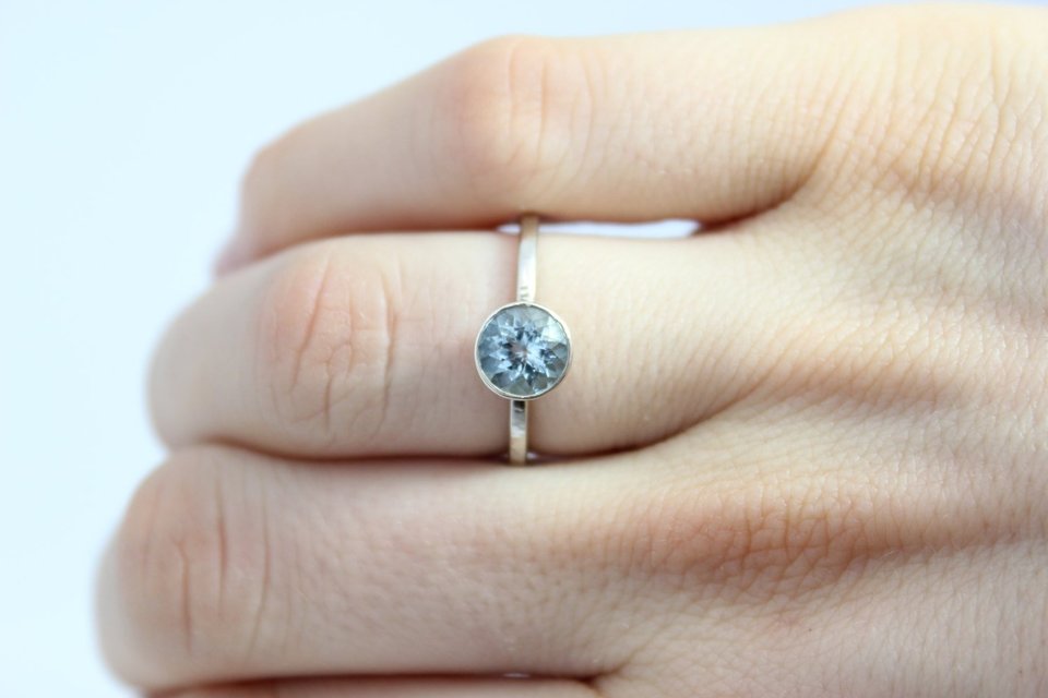 Aquamarine Bezel Set Ring - 14k White Gold Round Aquamarine Ring - Alternative Engagement Ring - Made to Order