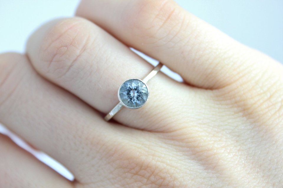 Aquamarine Bezel Set Ring - 14k White Gold Round Aquamarine Ring - Alternative Engagement Ring - Made to Order