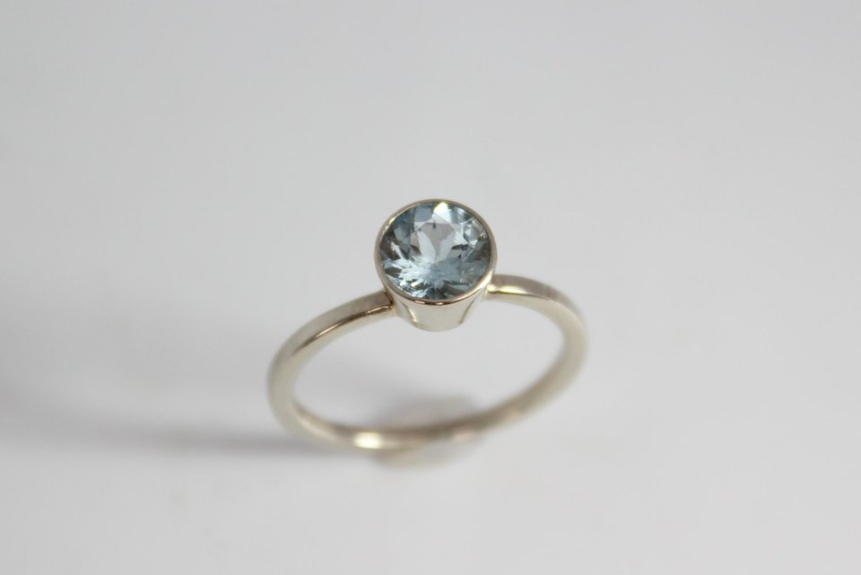 Aquamarine Bezel Set Ring - 14k White Gold Round Aquamarine Ring - Alternative Engagement Ring - Made to Order