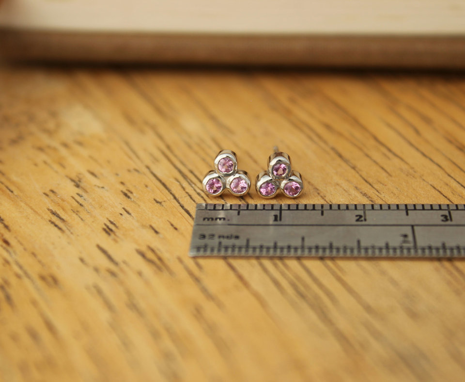 Pink Sapphire Three Stone Studs, 14k White Gold Studs, Pink Gemstone Earrings, Pink Trio Studs, Ready to Ship