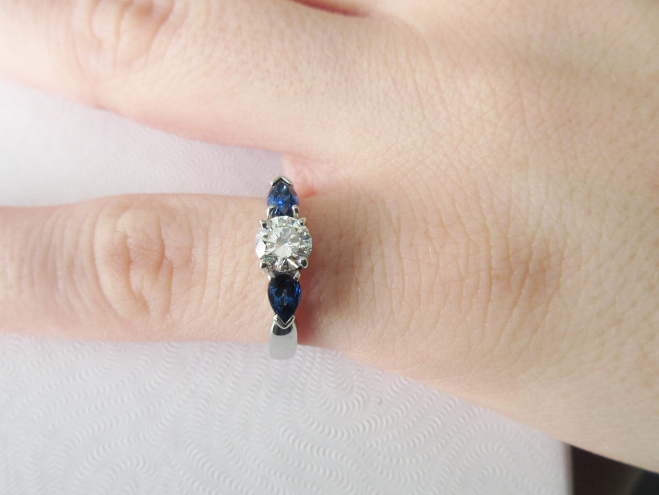 Vintage Inspired Engagement ring 14kt white gold diamond and sapphire ring