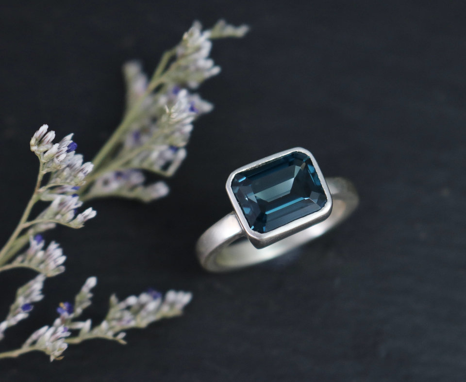 Emerald Cut London Blue Topaz Ring, Sterling Silver Ring, Sideways, East to West, Blue Topaz Solitaire, Cocktail Ring, Ready to Ship Size 7