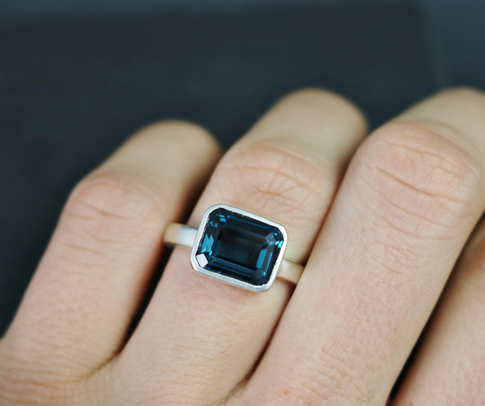 Emerald Cut London Blue Topaz Ring, Sterling Silver Ring, Sideways, East to West, Blue Topaz Solitaire, Cocktail Ring, Ready to Ship Size 7