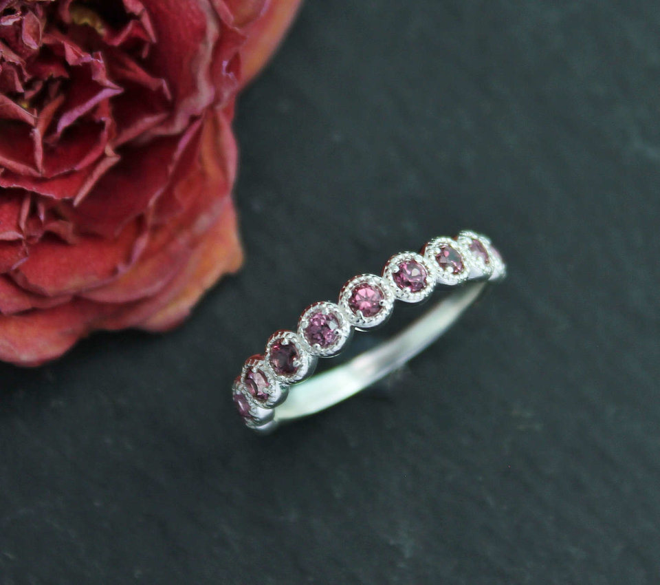 Rhodolite Garnet Ten Stone Ring, Ten Stone Band, Textured Bezel, Bezel Set, Sterling Silver, January Birthstone, Ready to Ship Size 6.75