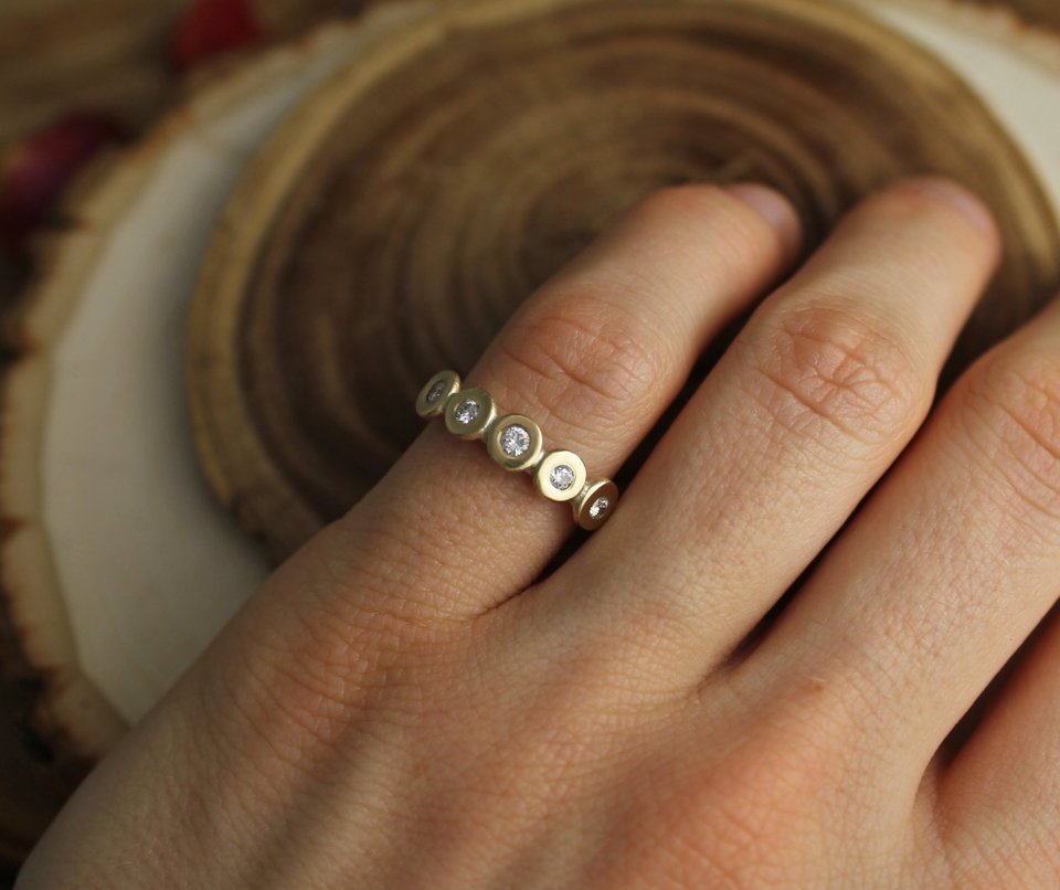Sterling Silver and 14k Yellow Gold Pebble Ring, Five Stone Diamond Pebble Ring, 2mm Wide Band, Mixed Metals, Made to Order