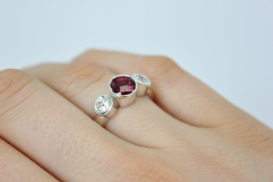 Bezel Set Three Stone Ring // Garnet White Topaz // Sterling Silver Three Stone Ring // Past Present Future Ring // Ready to Ship Size 7