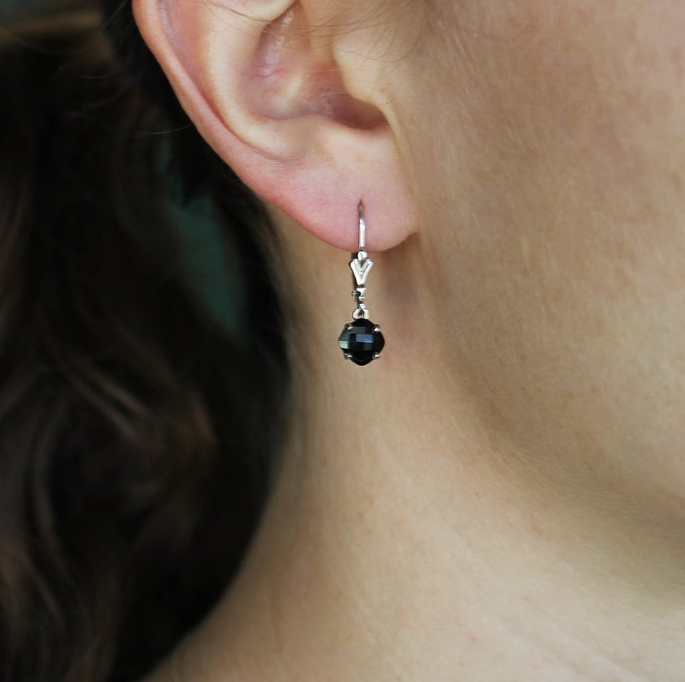 Black Onyx Dangle Earrings, 14k White Gold Earrings, Cushion Cut Black Onyx, Leverback Earrings, Black Gemstone Earrings, Ready to Ship