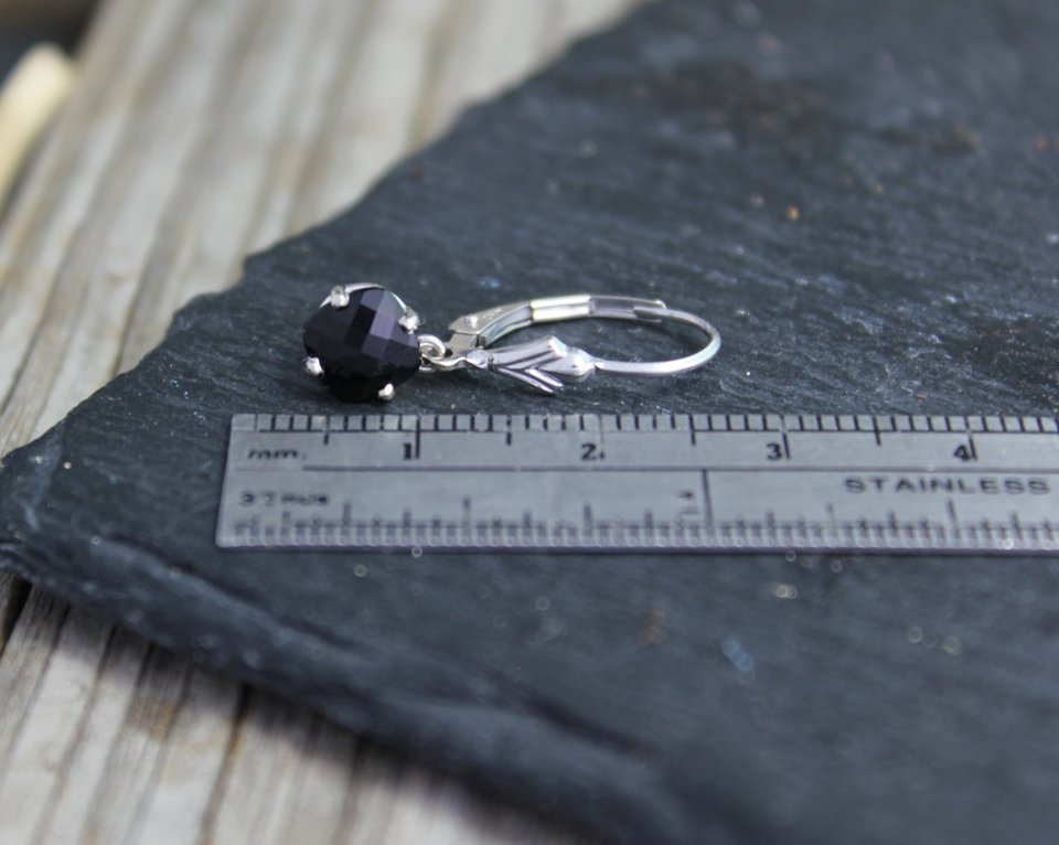 Black Onyx Dangle Earrings, 14k White Gold Earrings, Cushion Cut Black Onyx, Leverback Earrings, Black Gemstone Earrings, Ready to Ship