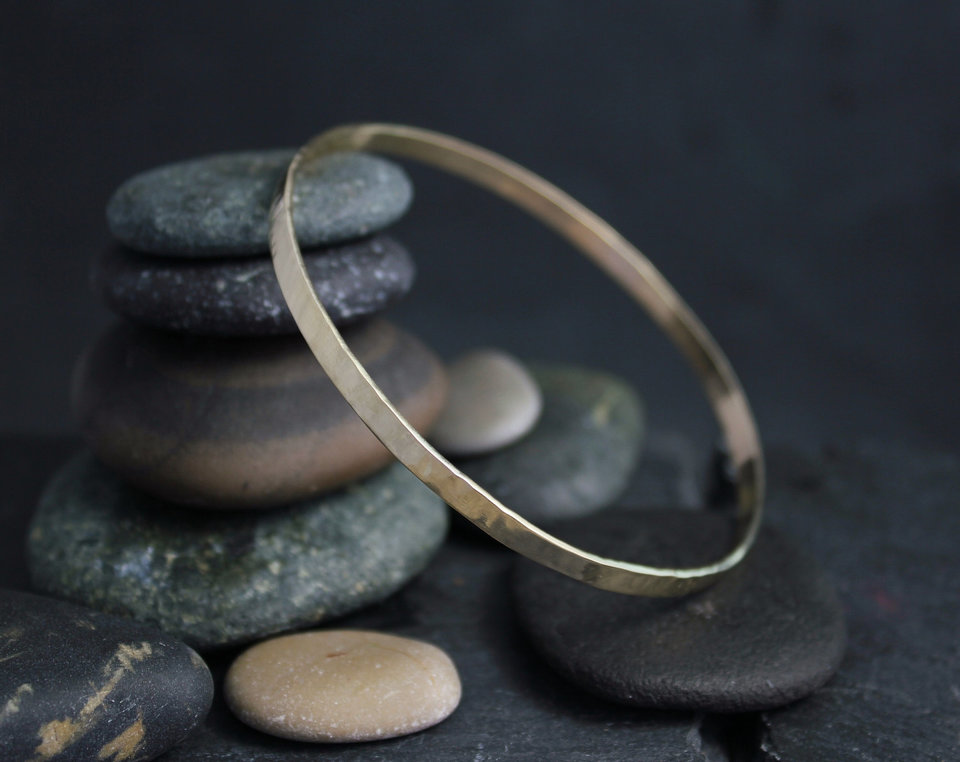 Hammered Yellow Gold Bangle Bracelet, Solid 14k Gold Bracelet 3.5mm, Handmade Bangle, Hammered Bangle, Ready to Ship Bracelet