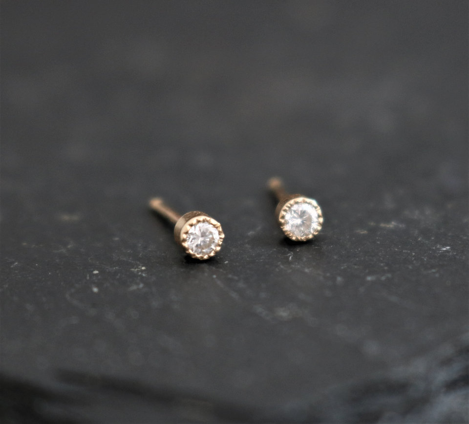 Diamond 14k Yellow Gold Stud Earrings, .04ct Diamonds, Round Brilliant Diamond Earrings, 14k Gold Posts, 2.2mm Diamond, Bezel Set