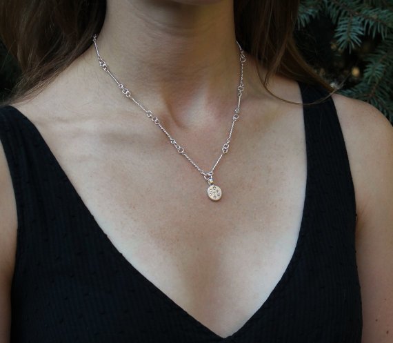 Pleiades Necklace, Handmade Silver Chain Link Necklace, Diamond Coin Pendant, Constellation Pendant, Eco Friendly, Ready to Ship Neckwear