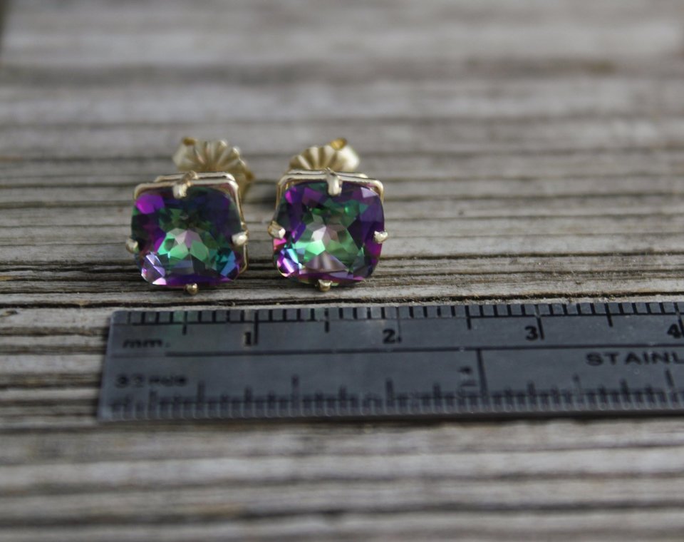 Mystic Topaz Gold Stud Earrings 8mm - 14k Yellow Gold Studs - Cushion Cut Mystic Topaz Earrings - Ready to Ship