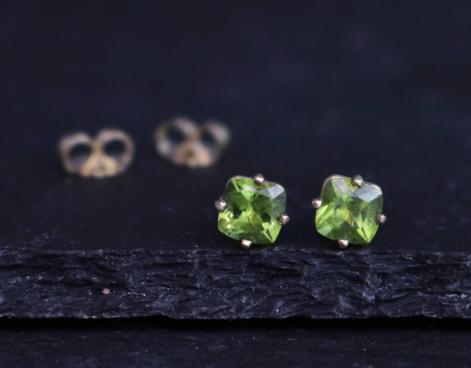 Cushion Cut Peridot 14k Yellow Gold Stud Earrings, 5mm Peridot Studs, August Birthstone Earrings, Gemstone Studs, Ready to Ship Earrings