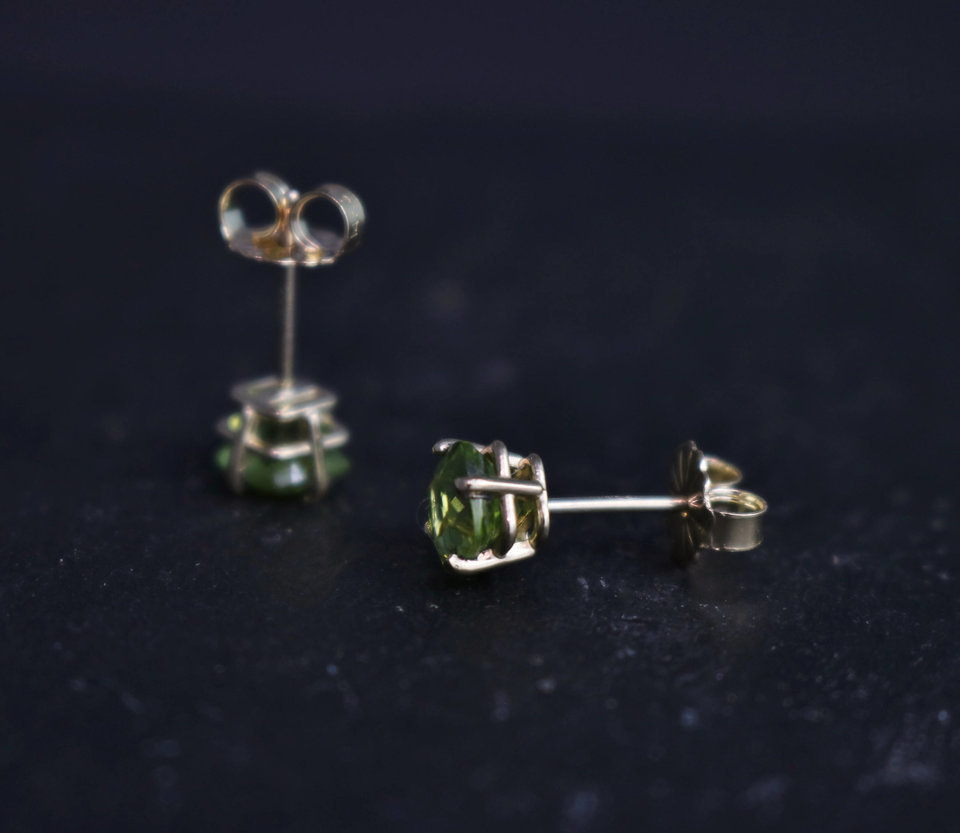 Cushion Cut Peridot 14k Yellow Gold Stud Earrings, 5mm Peridot Studs, August Birthstone Earrings, Gemstone Studs, Ready to Ship Earrings