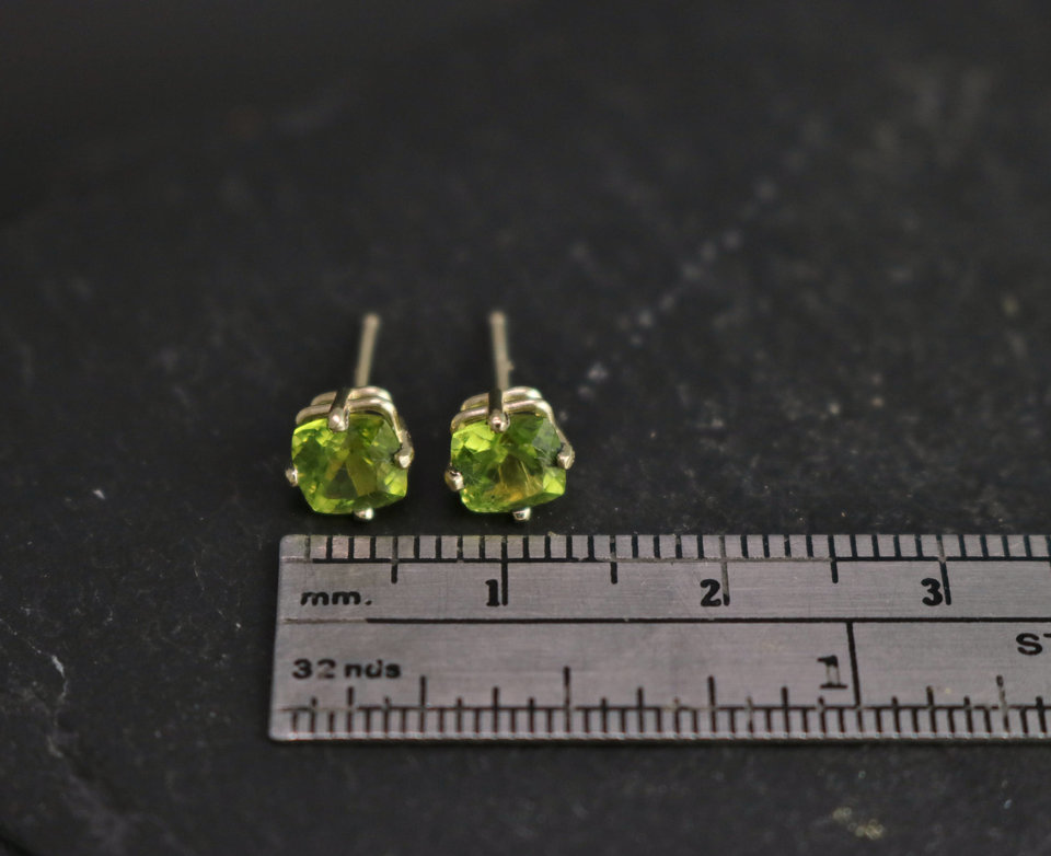 Cushion Cut Peridot 14k Yellow Gold Stud Earrings, 5mm Peridot Studs, August Birthstone Earrings, Gemstone Studs, Ready to Ship Earrings